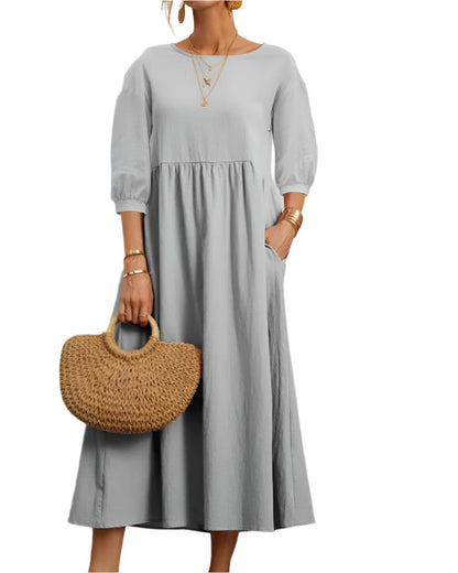 Robe Femme Été en Coton Léger, Col Rond et Manches Courtes