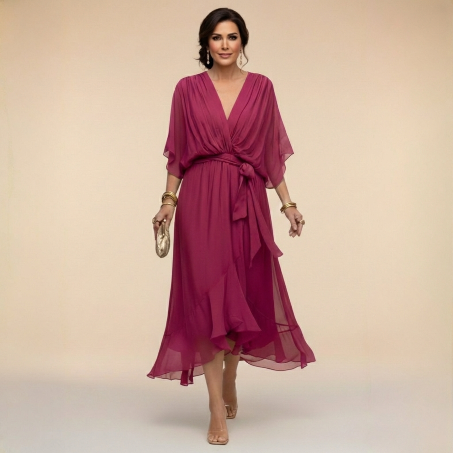 Robe Femme Chiffon Fluide Col en V Ceinturée