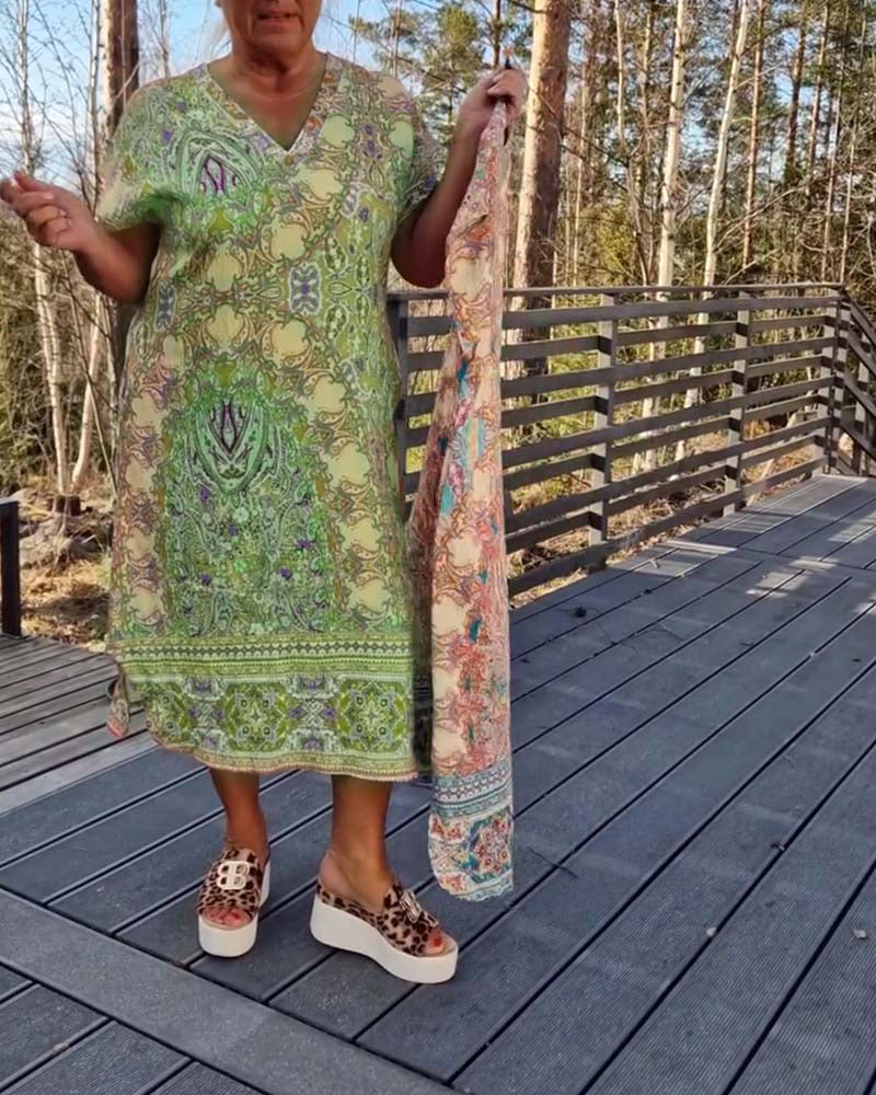 Robe Midi Femme Imprimée Col en V Coupe Droite