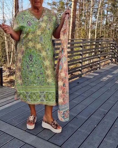 Robe Midi Femme Imprimée Col en V Coupe Droite