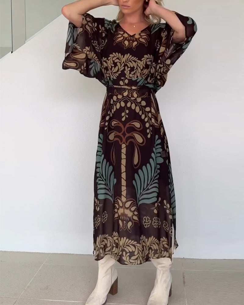 Robe Maxi Femme Imprimé Feuilles Col V Style Bohème