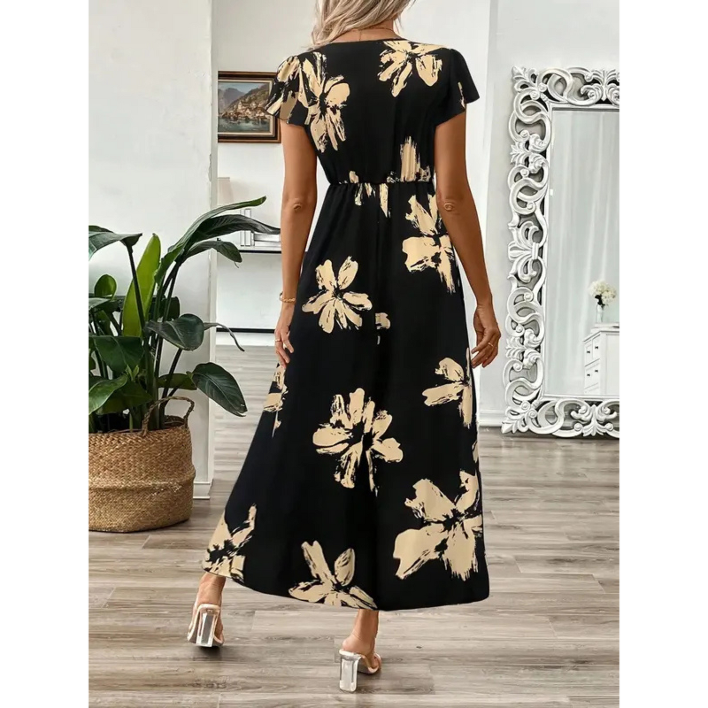 Robe Maxi Femme en Tissu Imprimé Coupe Croisée Col V