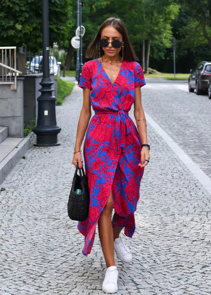 Robe Femme Fluide Coupe Portefeuille Motif Floral Manches Courtes