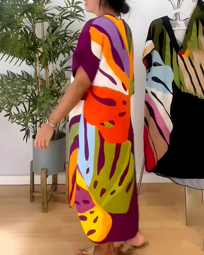 Robe Femme Imprimé Feuillage Coupe Ample Col V