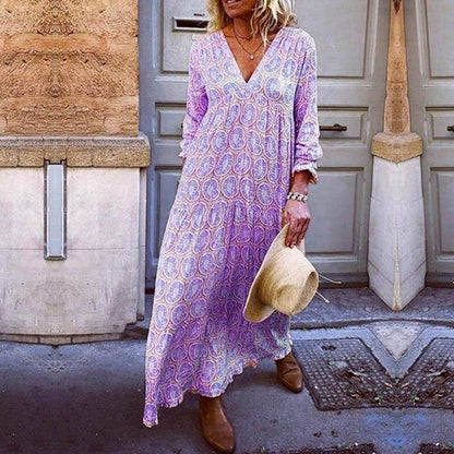 Robe Longue Imprimée Chic avec Décolleté en V et Coupe Détendue