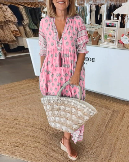 Robe midi Femme Fluide Imprimée Col en V Manches Lanterne Ample