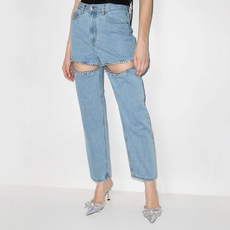 Jean Droit Couture avec Poches et Broderies Délicates