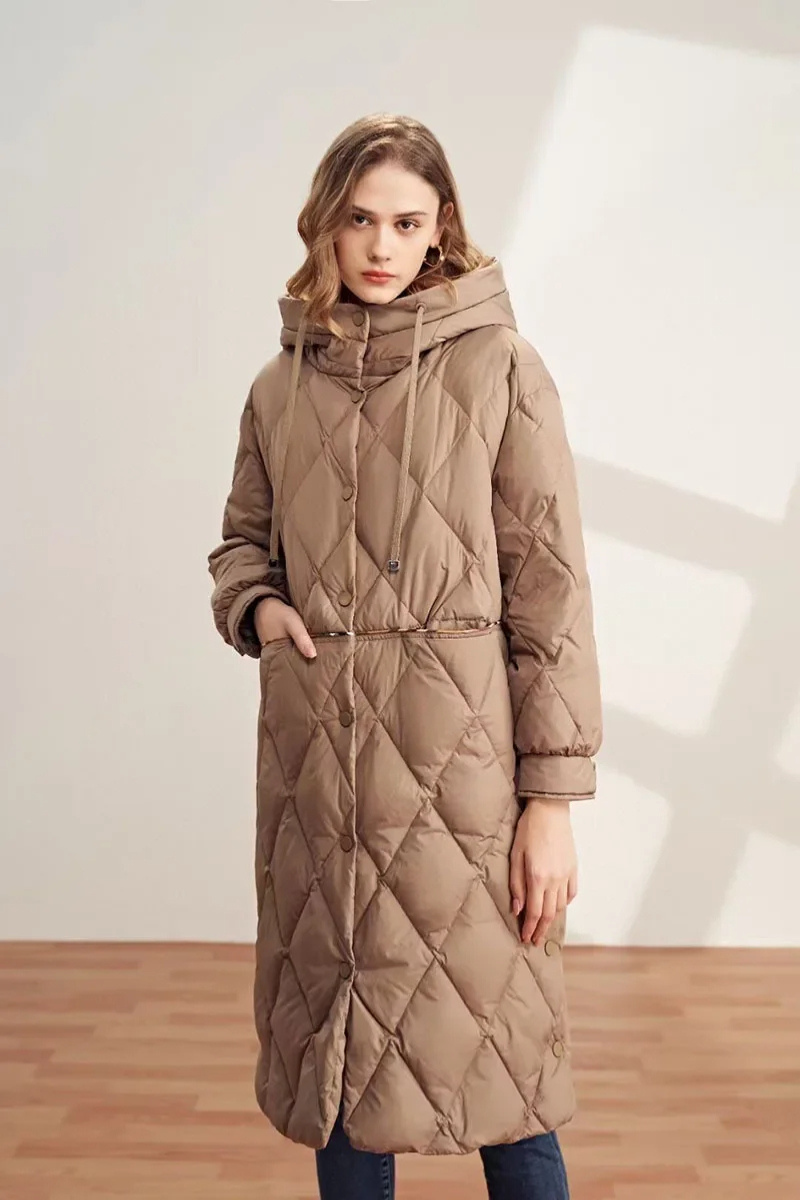 Manteau femme long à capuche avec doublure chauffante