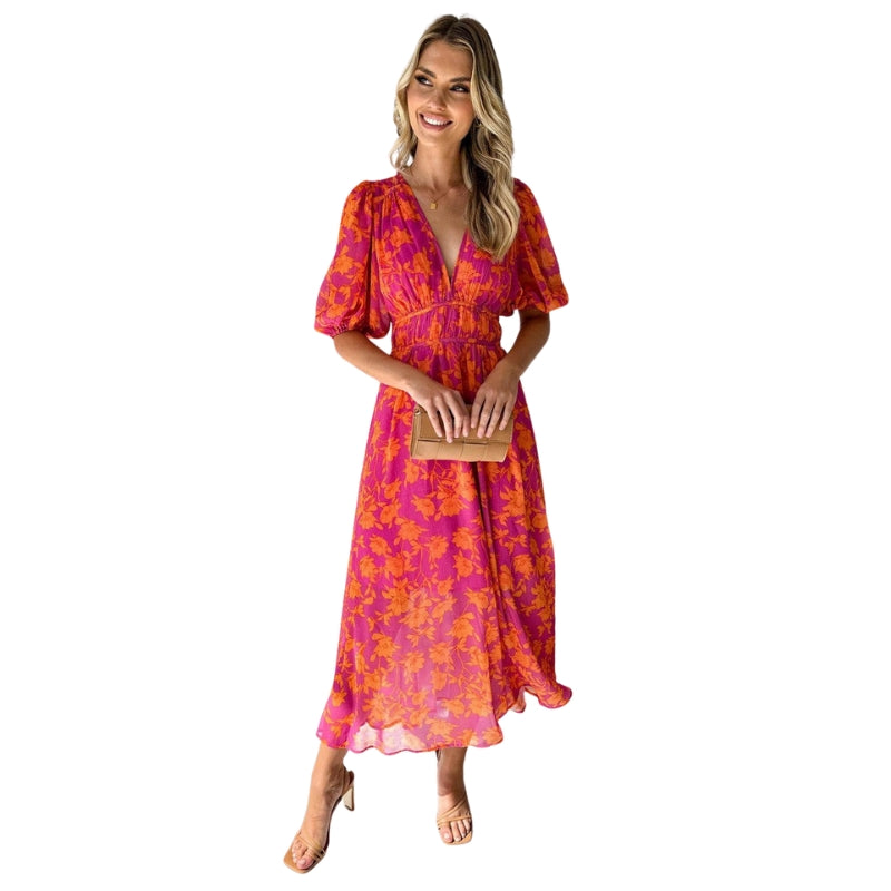 Robe Été à Manches Bouffantes Fleurs Colorées - PanierRoyale