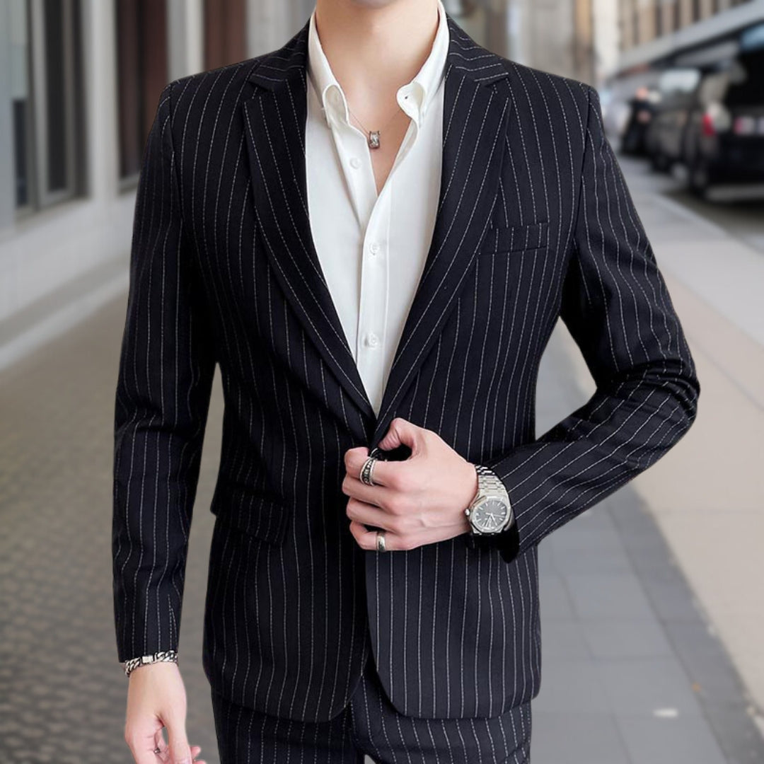 Costume Mariage Homme Slim Noir Rayures Fines - PanierRoyale