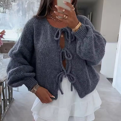 Cardigan Femme Élégant Col Rond Manches Longues