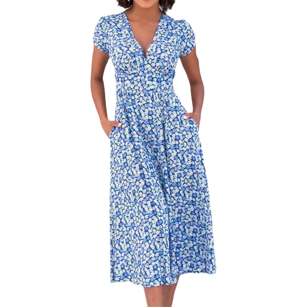 Robe Été Florale avec Poches et Col en V - PanierRoyale