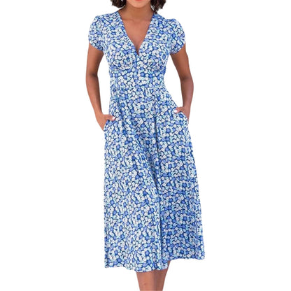Robe Été Florale avec Poches et Col en V - PanierRoyale