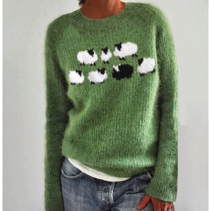 Pull Femme Laine Verte Hiver Doux avec Moutons