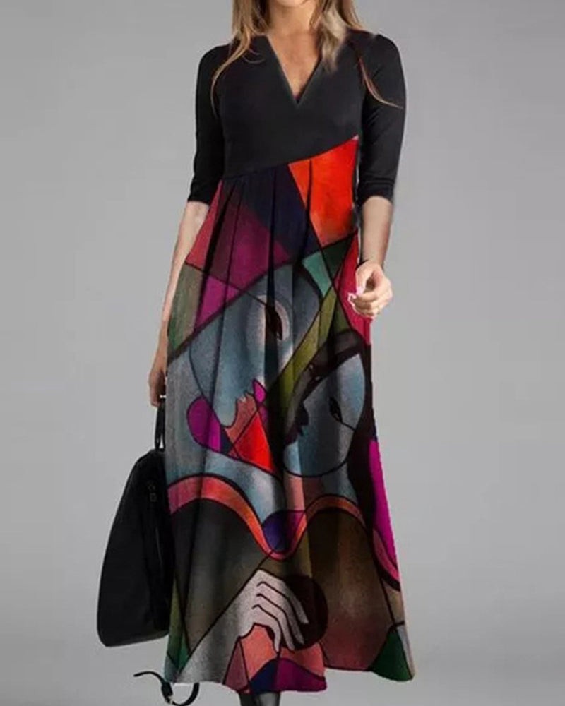 Robe Femme Élégante - Robe Droite Classique à Manches Longues Imprimé Floral avec Détails Plissés
