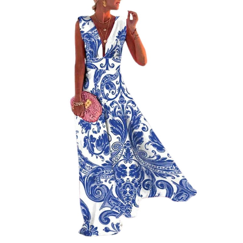 Robe Soirée Longue Col V Sans Manches Élégante Féminine