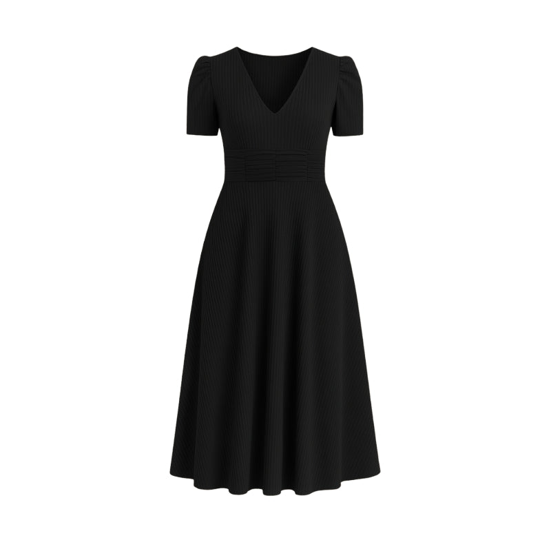 Robe Chic Mi-Longue Col V Manches Bouffantes Femmes - PanierRoyale