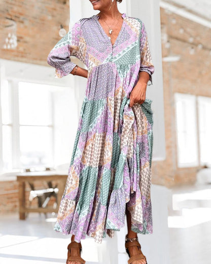 Robe Maxi Femme Imprimé Patchwork Coupe Ample Col V Manches Longues