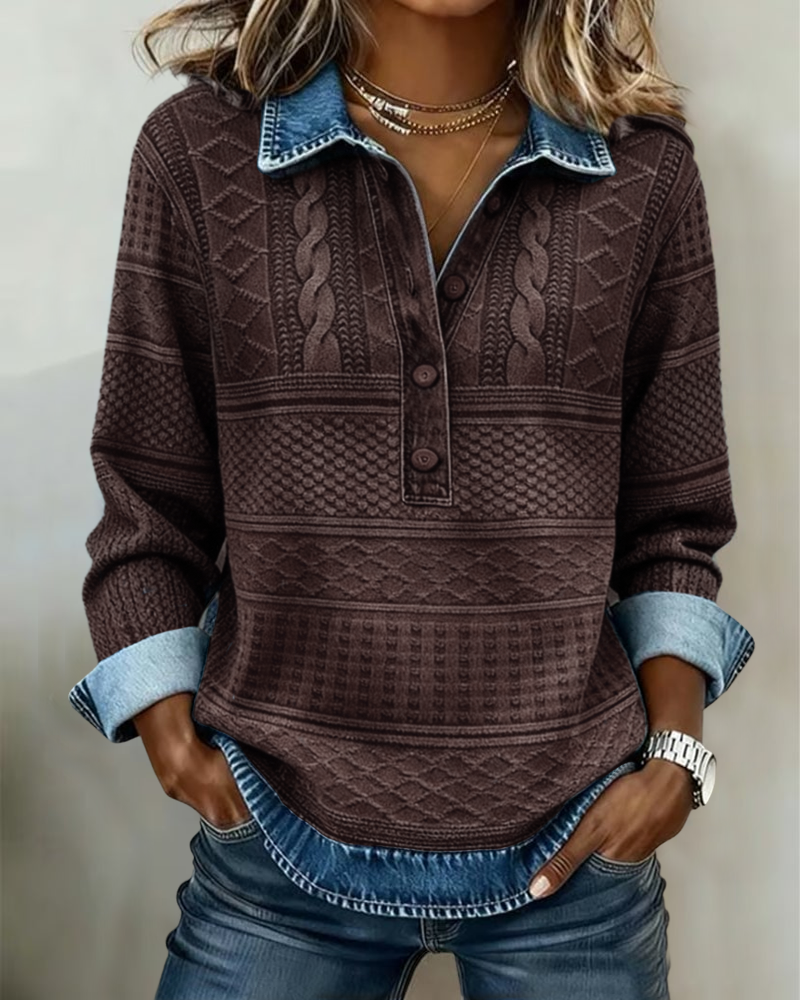 Haut Femme Maille Effet Denim Col Polo Coupe Décontractée