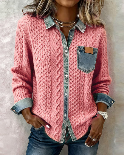 Chemise Femme Maille Torsadée Détails Denim Coupe Confortable