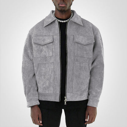 Blouson Cuir Homme Brun avec Fermeture Éclair