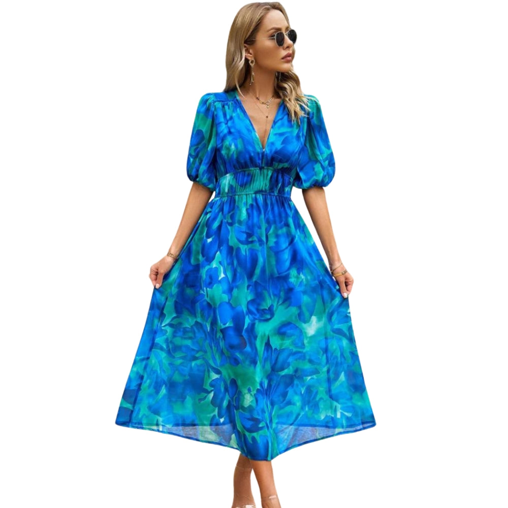 Robe Été Floral Col V avec Manches Courtes - PanierRoyale