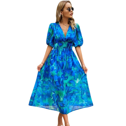 Robe Été Floral Col V avec Manches Courtes - PanierRoyale