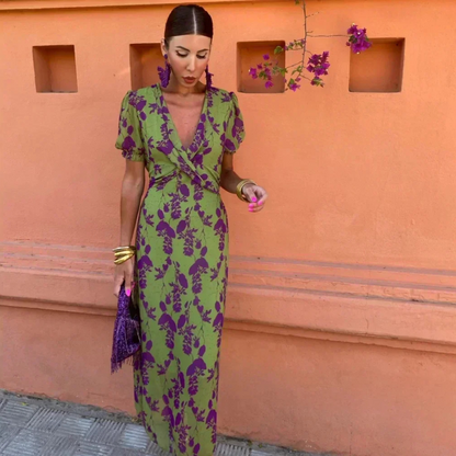 Robe longue Femme Fluide Col en V Croisé Manches Courtes - PanierRoyale