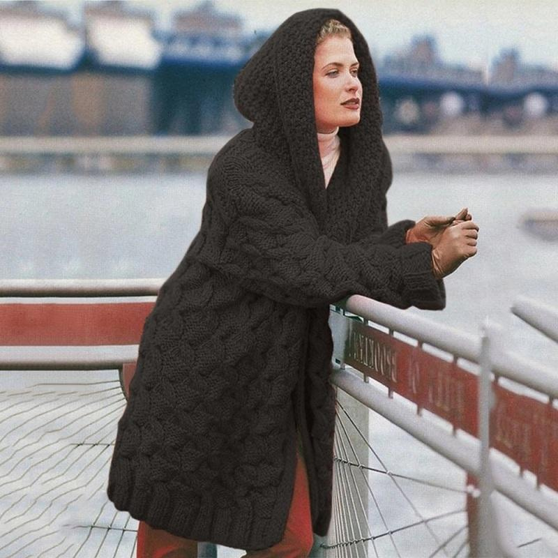Cardigan Femme Long Capuche Oversize Élégant
