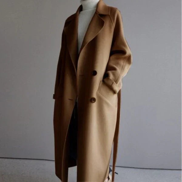 Manteau Long Femme Laine Mélangée Ceinturé Coupe Ajustée