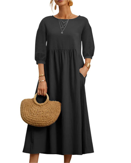 Robe Femme Été en Coton Léger, Col Rond et Manches Courtes