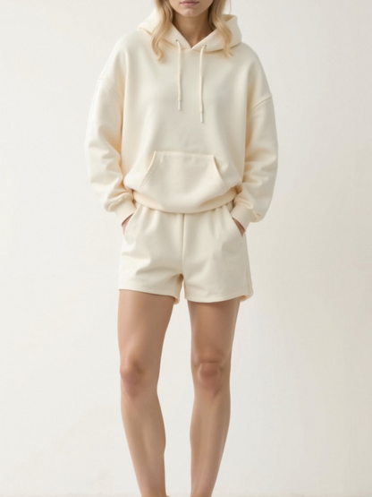 Sweat à Capuche Doux avec Poches et Short Élastique
