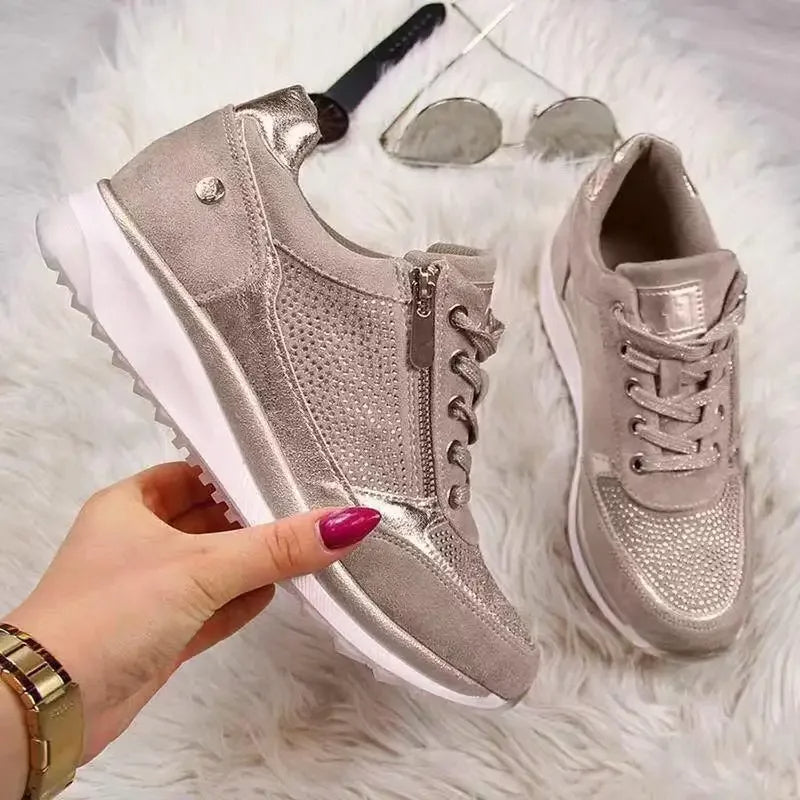 Baskets Femme Gris Clair à Lacets et Fermeture Éclair