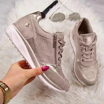 Baskets Femme Gris Clair à Lacets et Fermeture Éclair