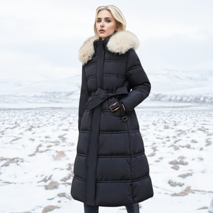Manteau femme élégant avec ceinture et capuche