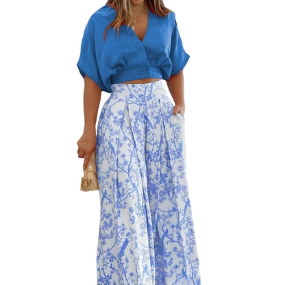 Ensemble Femme Élégant Chemise Bouffante Pantalon Évasé