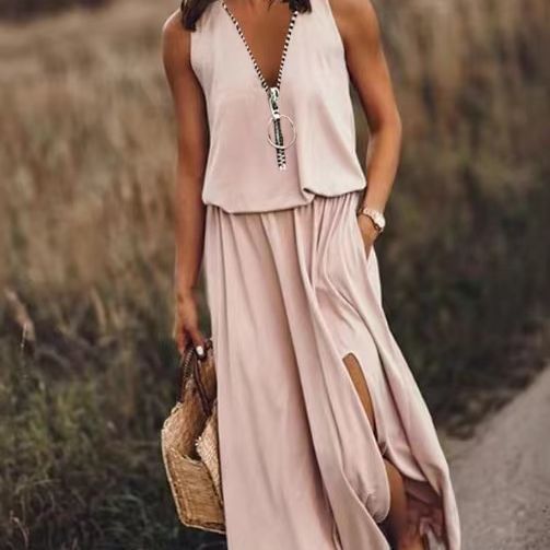 Robe Longue Femme Fluide Col V Zippée Coupe Ample Fendue