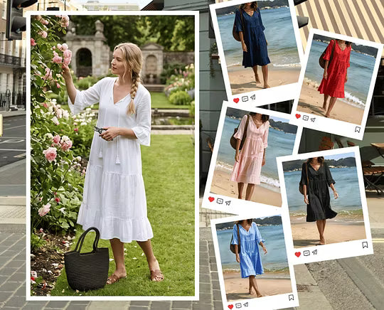 Robe midi Femme Coton Col en V Coupe Fluide