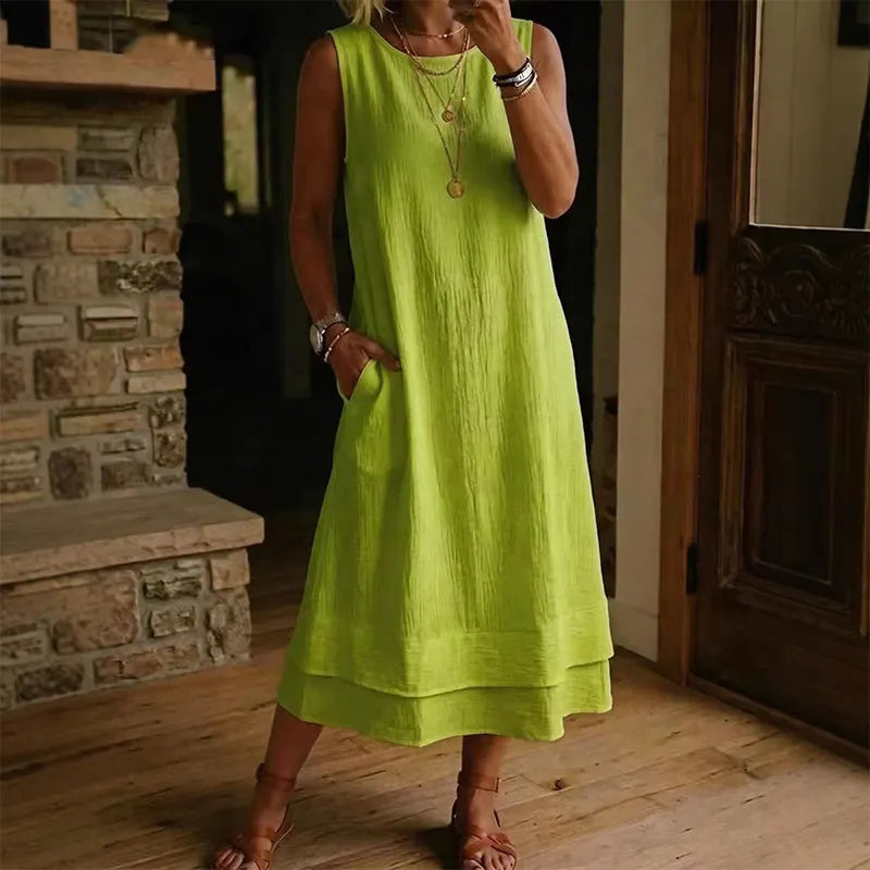 Robe midi Femme Sans Manches Volants Coupe Aline