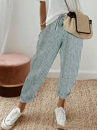 Pantalon femme rayé décontracté coton confortable