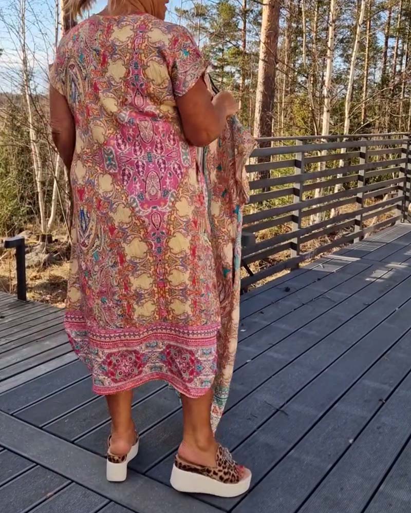 Robe Midi Femme Imprimée Col en V Coupe Droite
