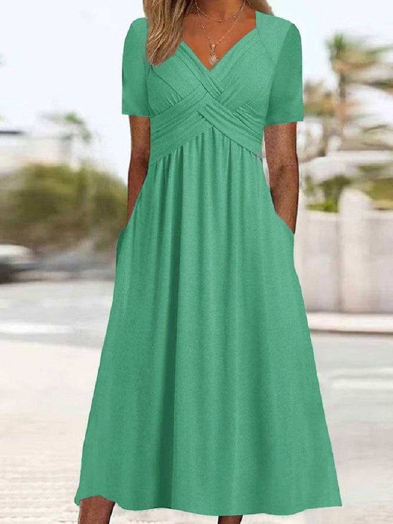 Robe longue Femme Col en V Fluide Manches Courtes Poches