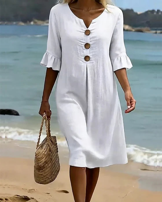 Robe Femme Coton Lin Boutonnée Manches Volantées Estivale