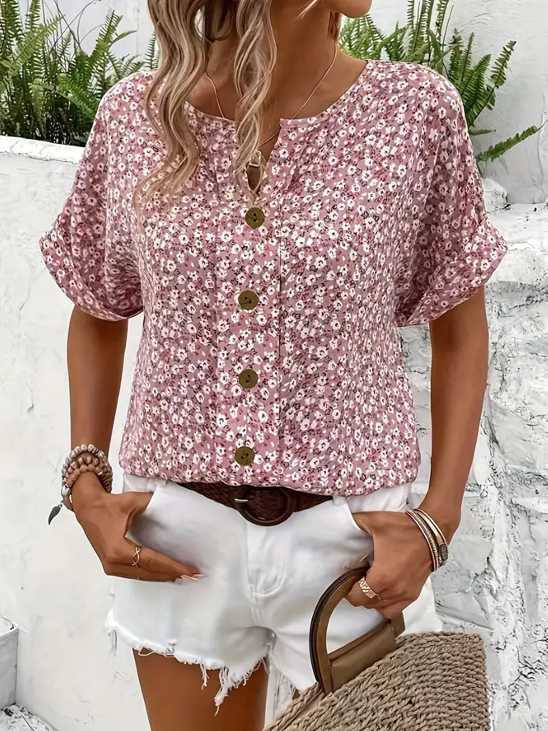 Blouse Été Fleuri Décontractée à Boutons