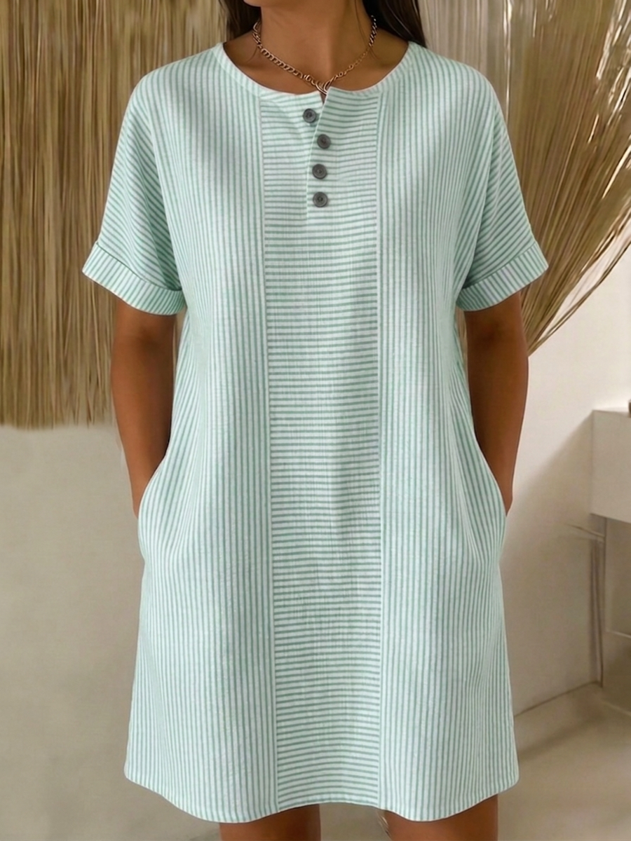 Robe Femme Coton Lin Boutonnée Coupe Ample Col Henley
