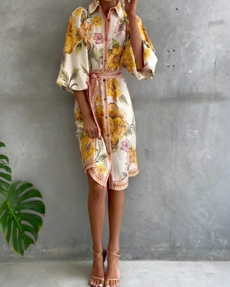 Robe Femme Imprimé Floral Manches Lanternes Boutons
