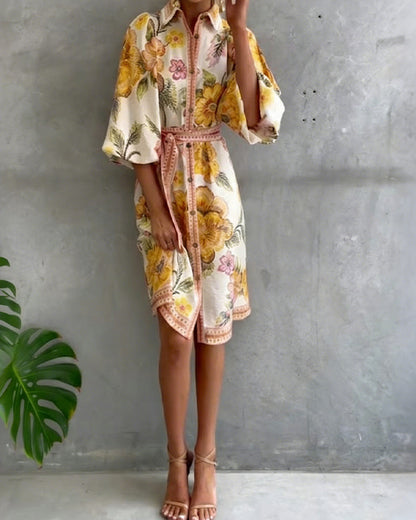 Robe Femme Imprimé Floral Manches Lanternes Boutons
