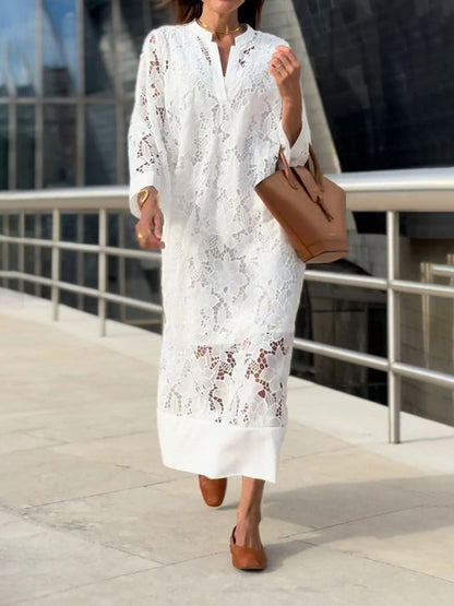 Robe Chic en Dentelle à Manches Longues et Col Montant