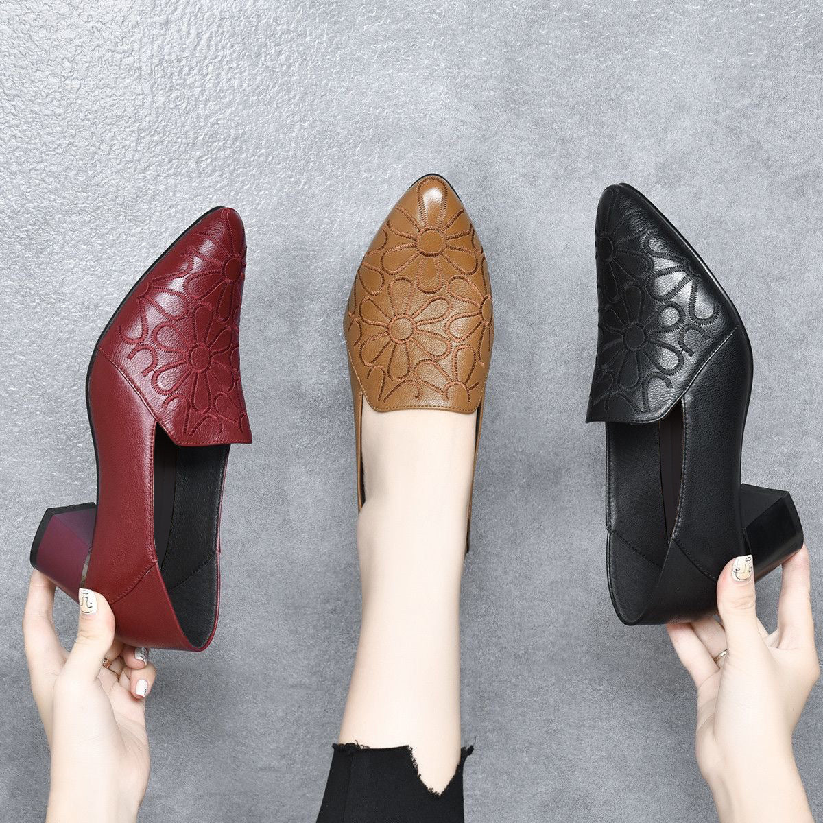 Escarpins Femme Cuir Véritable Brodé Talon Confortable