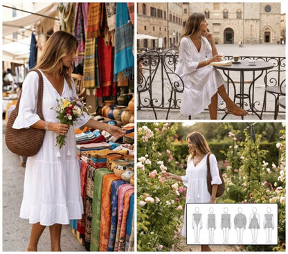 Robe midi Femme Coton Col en V Coupe Fluide